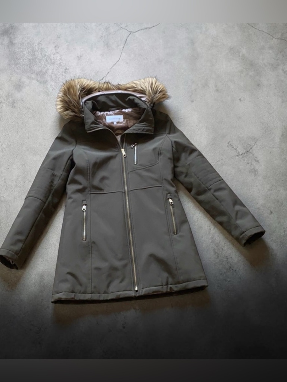 XS Calvin Klein Green Parka with fur hood